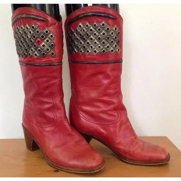 Vintage Francois Villon Paris Red Italian Leather Studded Cowgirl Boots 36.5 6 - Picture 1 of 10